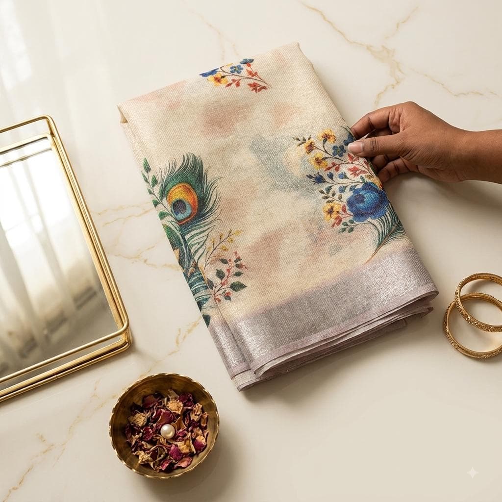 Peacock Printed Organza Silk Saree — image 1