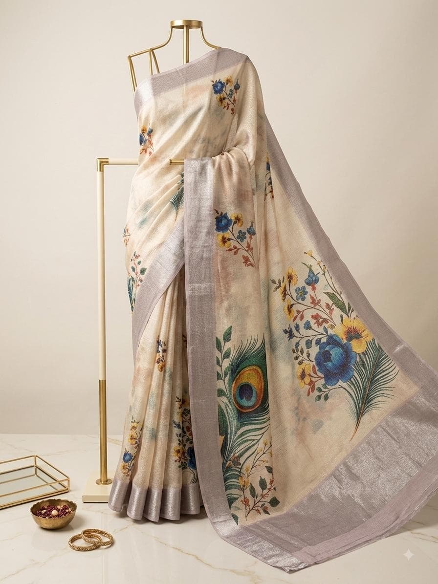Peacock Printed Organza Silk Saree — image 2